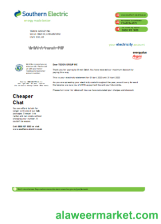 Southern Electric proof of address utility business bill, SCR